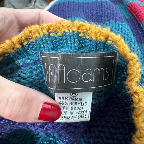 J. F. Adams Vintage Sweater Stripe Flower Unique Primary Colors Teacher Artist - Picture 4 of 4